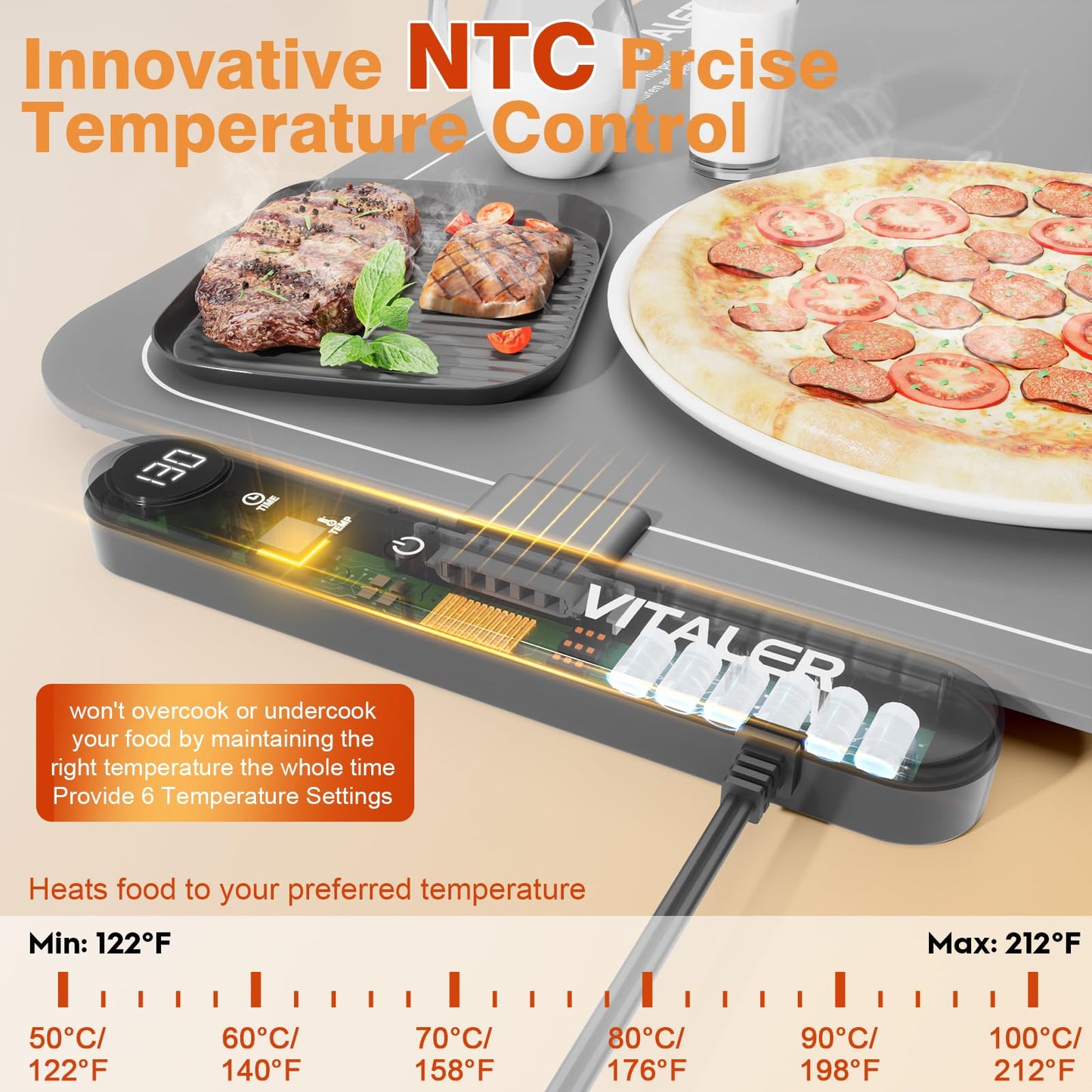 Vitaler Warming Mat for Food, (XXL 35”x16”) Electric Warming Trays, Upgrade Graphene Fast Full-Surface Heating Mat for Food with 6 Level Temp, 6 Hours Timer, Food Warmer Pad with Heat-Insulating Mat