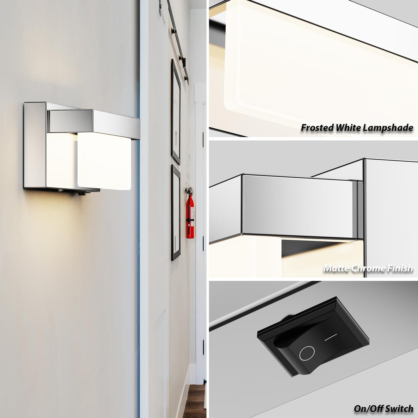 Lightinn Wall Sconce Chrome Wall Light With On/Off Switch 8 Inch Led Wall Lamp Acrylic Lampshade 4000K Sconce Wall Lighting