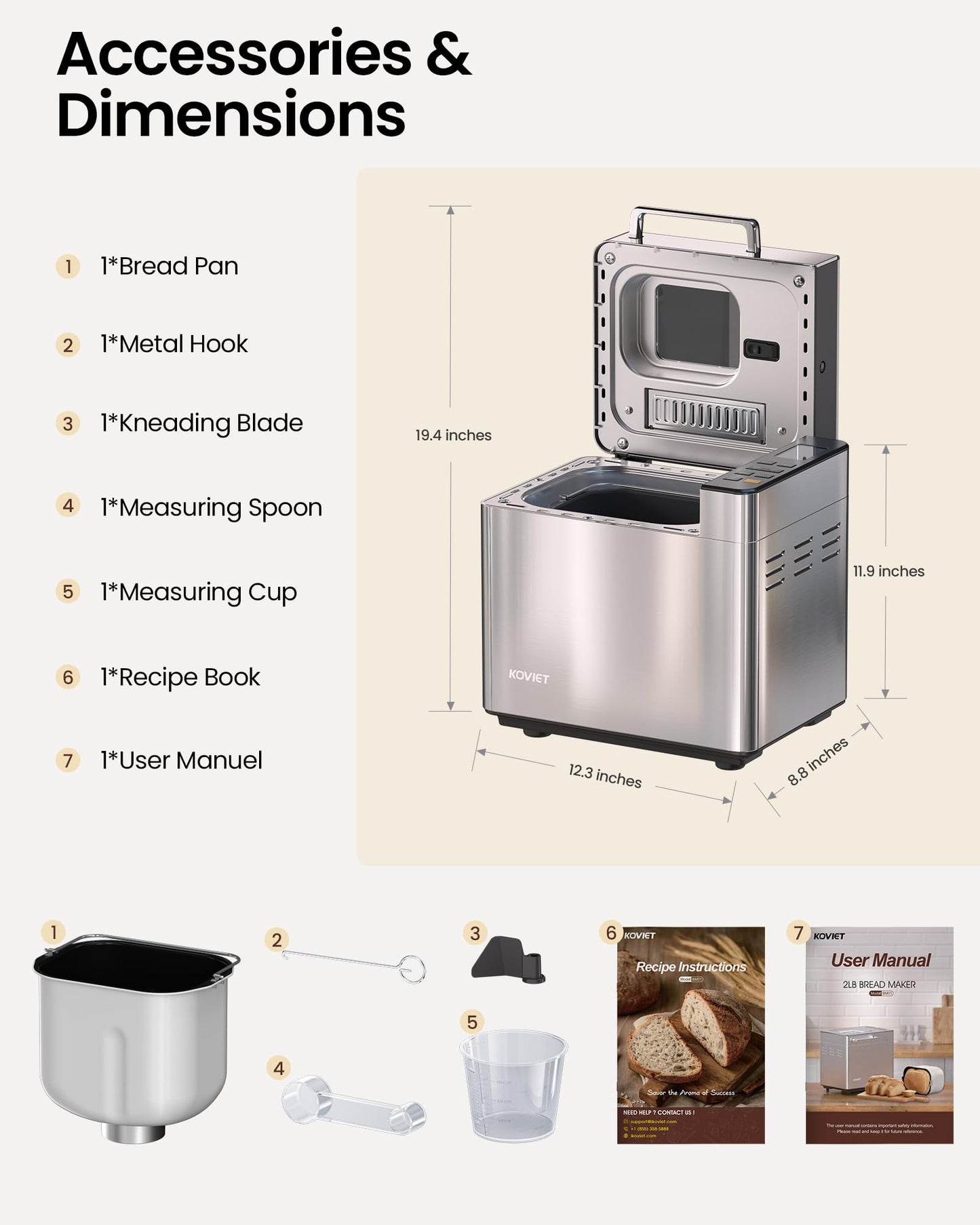 KOVIET 25-in-1 Bread Maker Machine with Automatic Dual Dispenser, 2LB Stainless Steel Breadmaker with Gluten-Free, Dough, Jam, Yogurt etc Settings, Silver