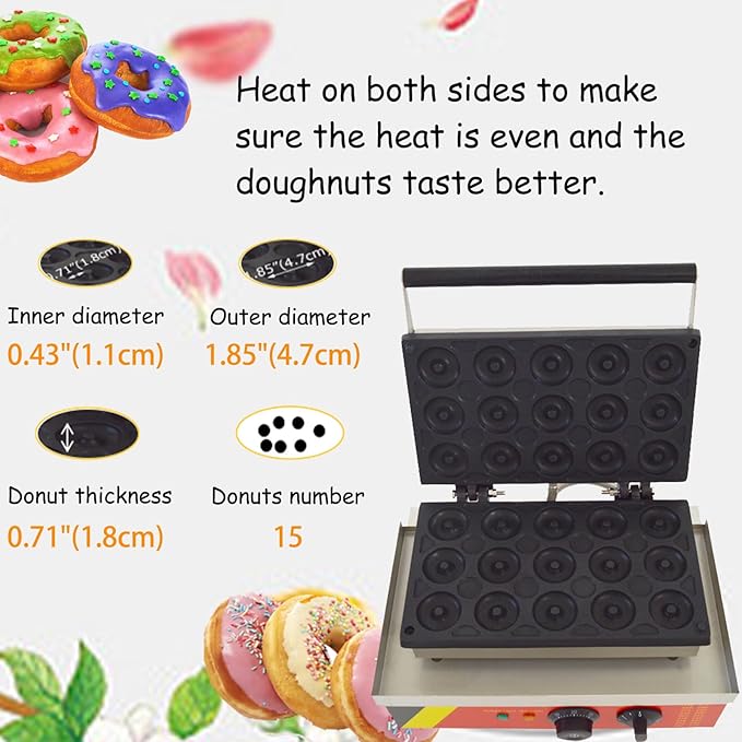 15pcs Mini Donut Maker Electric Mini Donut Maker Double-side Heated 0-300 Non-stick Coating Donut Maker for Kitchen Dessert Shop