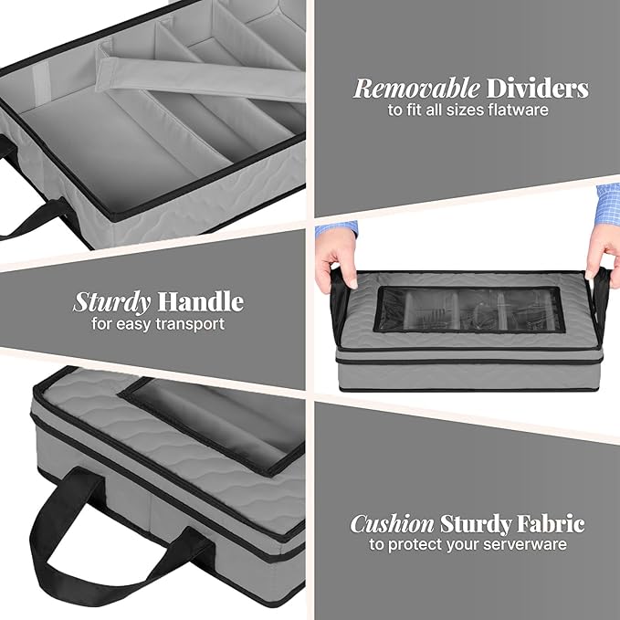 Flatware Storage Case - Durable 5 Compartment Silverware Storage Container Box with Removable Lid and Easy to Carry Handles - Large Capacity Keeps Your Cutlery Organized & Protected - Gray