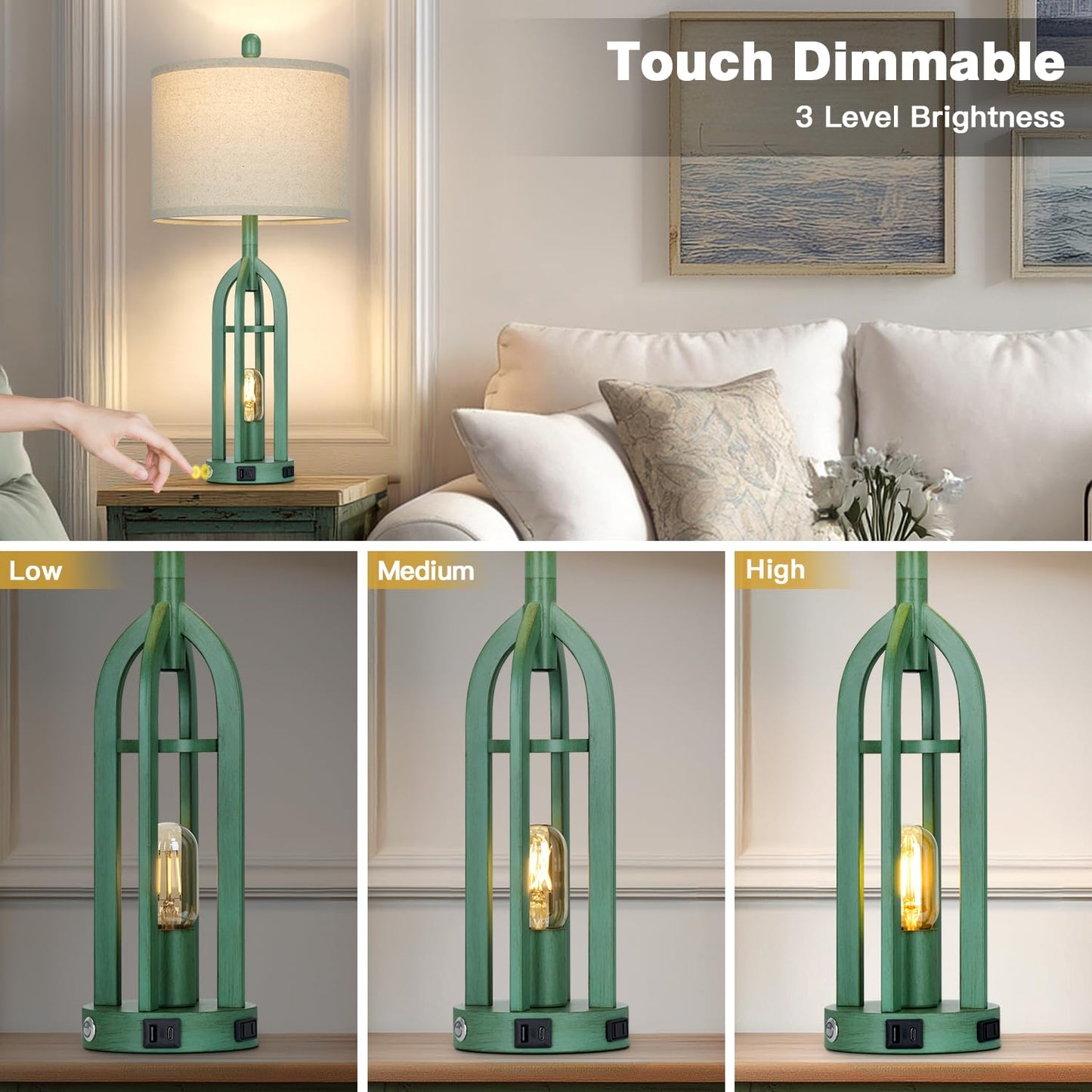 Cinyirong 27in Coastal Lamp, Retro-Green Metal Touch Control Table Lamp with USB & AC Outlet, 3-Way Dimmable, Bedroom Living Room