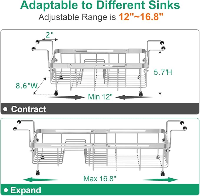 GSlife Small in Sink Dish Drying Rack - Stainless Steel Capacity Expandable Dish Drainer with Utensil Holder for Counter or Inside Sink, 11.9“-16.7” L x 9" W x 5.7" H, Silver
