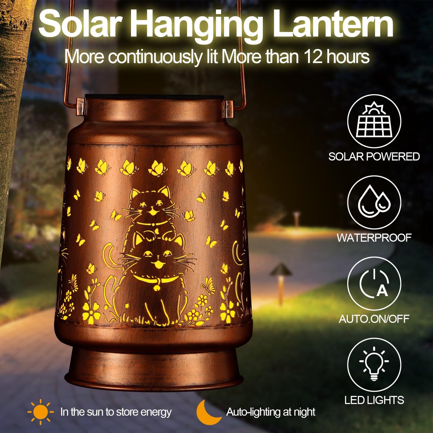 Solar Lantern Outdoor Hanging Waterproof Outside Metal Openwork Hummingbird Pattern Birthday Gifts For Women Mom Landscape Lights For Porch Garden Yard Patio Pathway Decor(Cat)