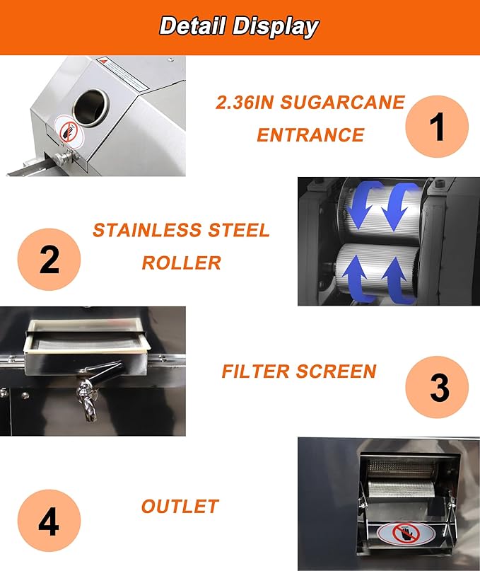 Commercial Sugar Cane Juicer, Electric Sugar Cane Press Machine, 304 Stainless Steel 3-Roller Desktop Sugarcane Juice Extractor with Openable Top Cover for Hotel, Restaurant, Super Market