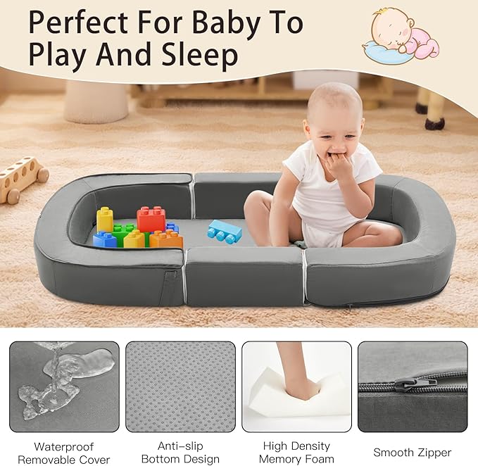 Todldler Baby Travel Bassinet Bed & Chair, Fold Out Sofa Couch Lounger with 2-1 Mosquito & Canopy, Foldable Portable Travel Cot with Foam Raised Safety Bumpers for Infant Toddlers 0-36 Months (Grey)