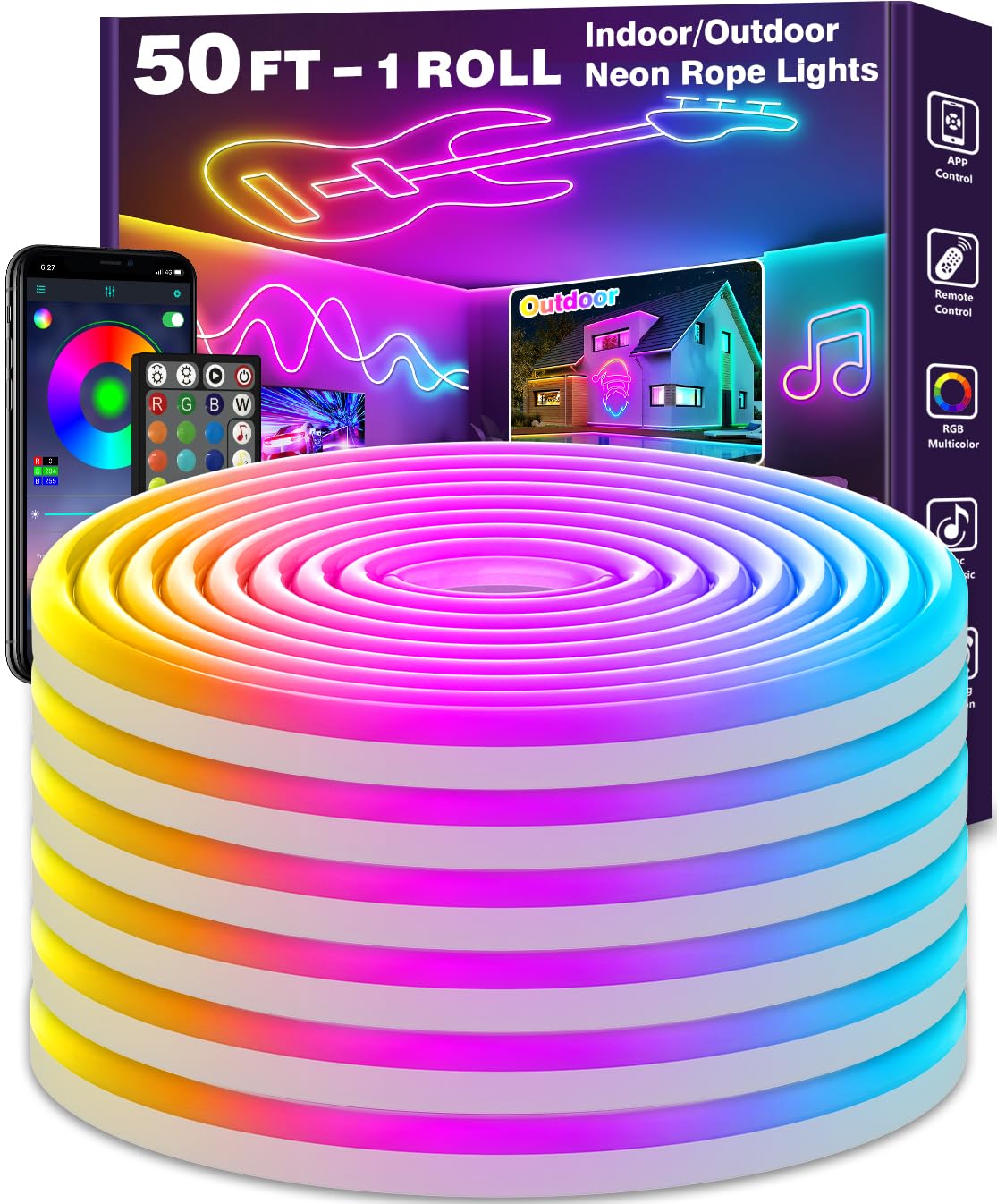LETIANPAI 50Ft Neon Rope Lights, RGB LED, Waterproof IP65, App/Remote Control, Music Sync, Flexible for Bedroom Decor