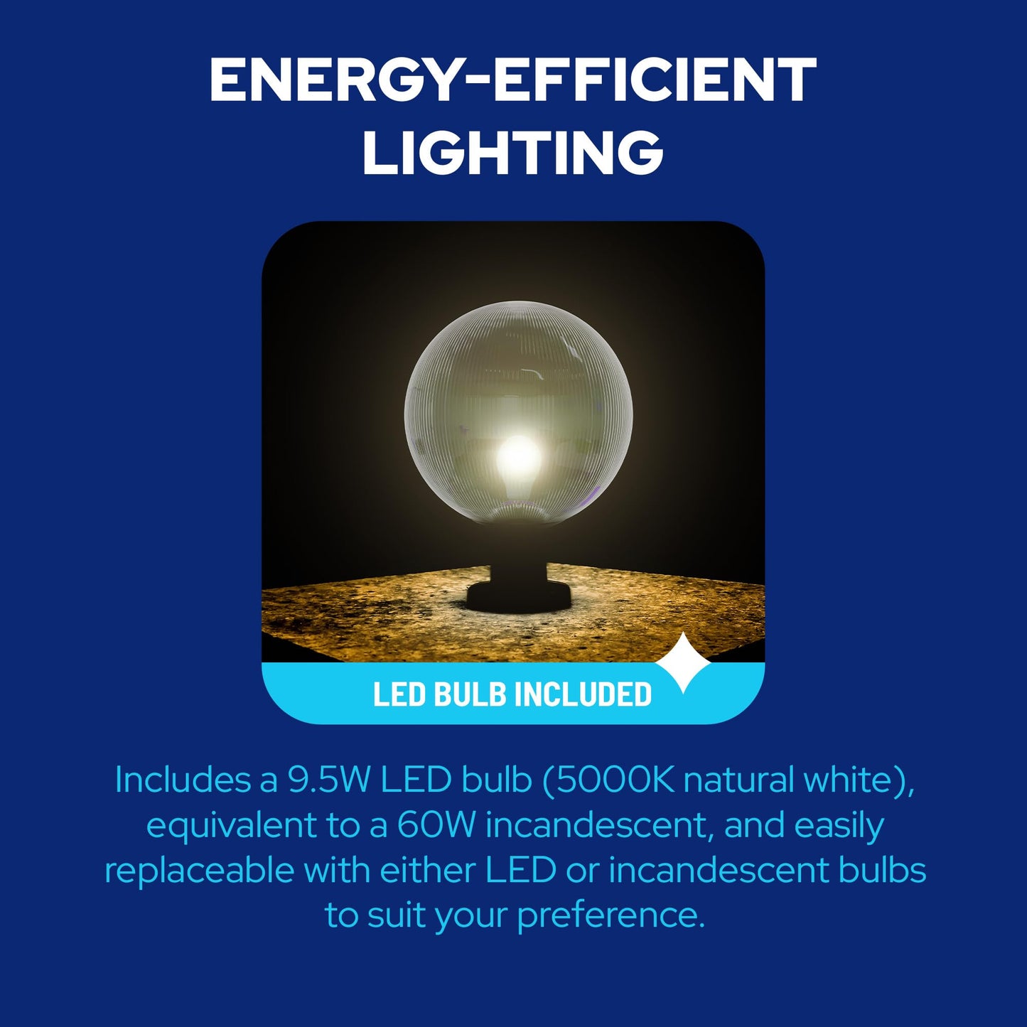 Kastlite Lamp Post Globe Combo Lighting Fixture | 12 Neckless Prismatic Lens With Black Fitter Wing Clips | Fits 3 Diameter Posts (Not Included) | Comes With With 5000K Led Bulb
