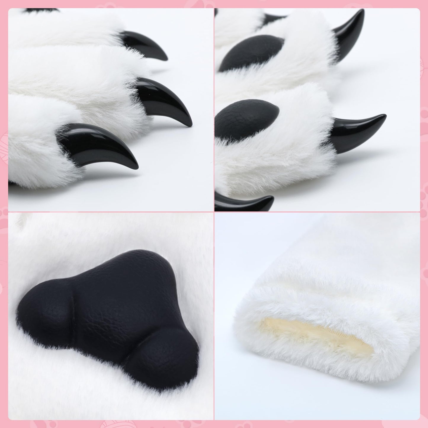ZFKJERS Cosplay Furry Cat Claw Long Gloves Five-Finger Paws Mittens Costume Accessories for Halloween (White Black, Medium)