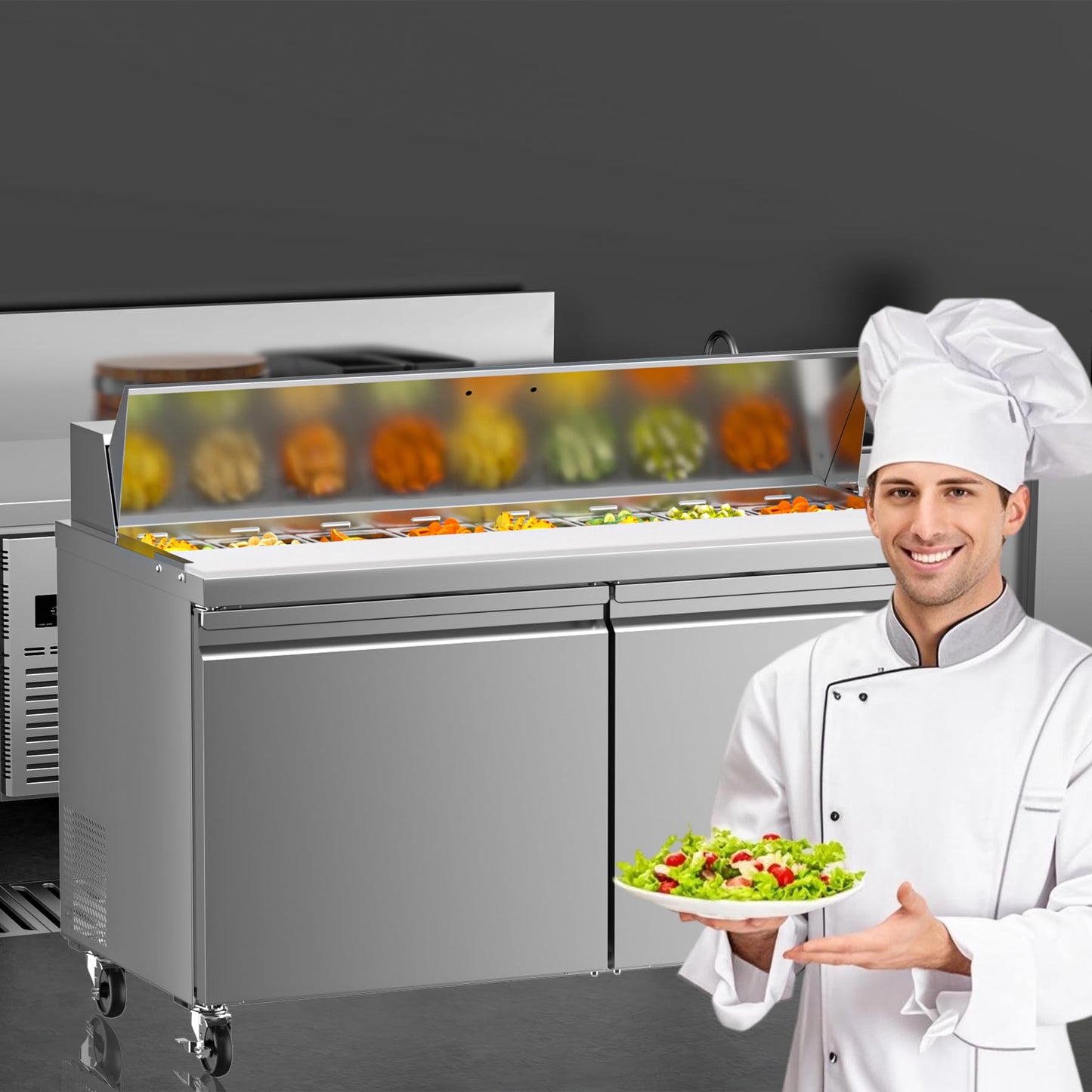 Rockitch 60" W Commercial Refrigerator Sandwich Salad Prep Table, 17.8 Cu.ft 2 Door Commercial Stainless Steel Food Prep Fridge with 16 Pans, Salad Prep Station for Restaurant, Bar, Shop, etc.