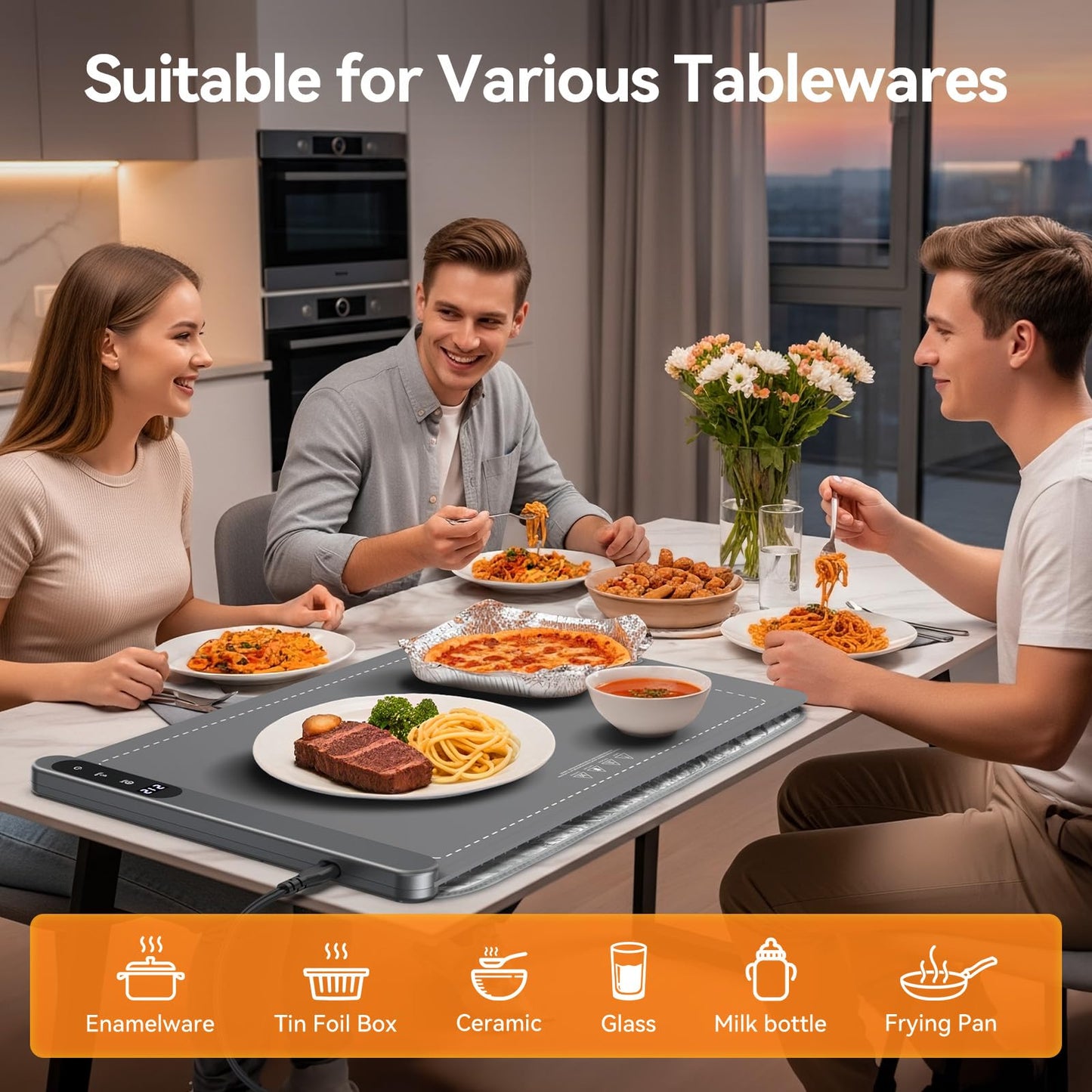 Food Warming Mat, Heating Fast Full Surface Electric Warming Tray with 6 Adjustable Temperature, 6 Hours Timer, Auto Shut-Off, Silicone Heating Mat for Food Buffet, Grey