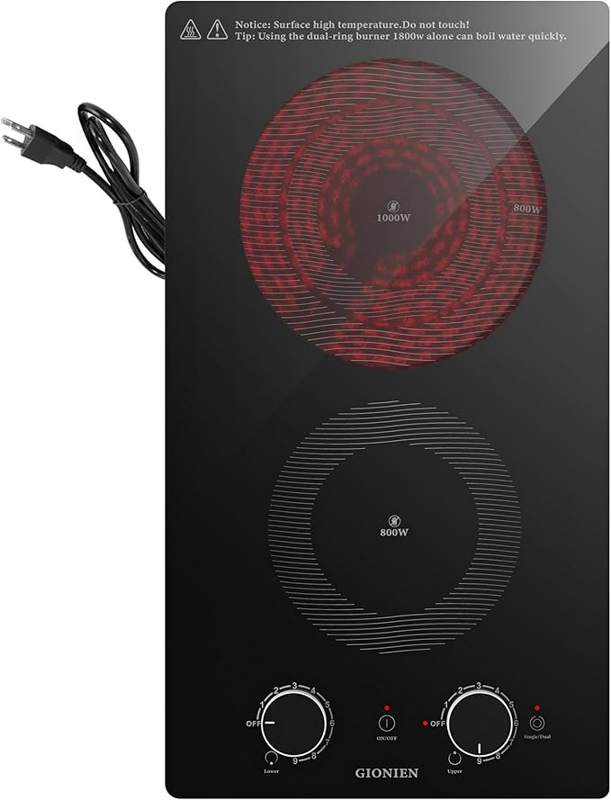 12 Inch Electric Cooktop with 2 Burner,110V-120V, 1800W,Plug in Electric Stove Top,Countertop & Built-in,Glass Radiant Cooktop with Knob & Touch Control,Auto Shutdown,Residual Heat Warning
