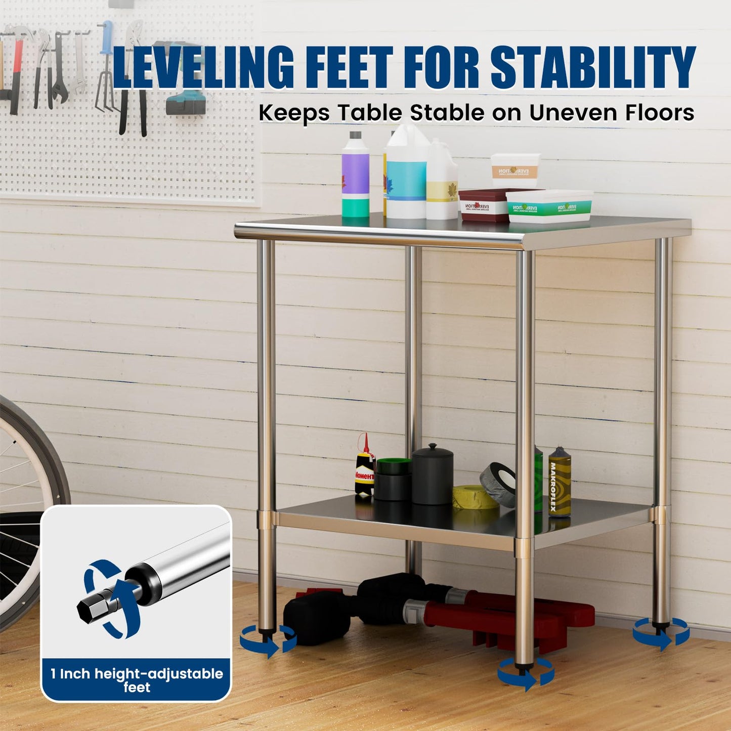 Stainless Steel Work Table 30 x 30 Inch with Adjustable Undershelf, Heavy-Duty Metal Prep Table for Commercial Kitchen & Restaurant, Garage, Outdoor