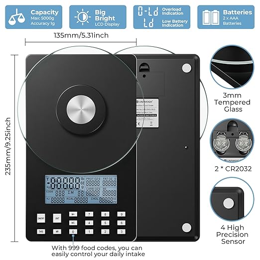 Nutrition Food Scale,5KG Digital Food Scale for Weight Loss,Prefect for Calculating Food Facts,Calorie Counting,Meal Prep,Fat,KCAL,Carbohydrates,Cholestero,with Food Grade Glass
