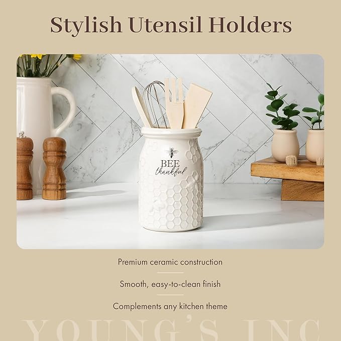 Young's Inc Kitchen Tool Holder with Tools, Ceramic Utensil Holder for Kitchen Counter, Cooking Spoon & Spatula Holder for Counter with Utensils, White