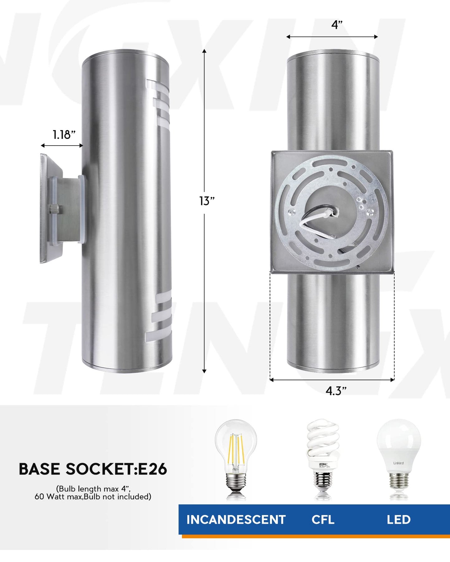 TENGXIN Outdoor Wall Light Fixture, Stainless Steel Cylinder, Waterproof, 1 Pack, Brushed Nickel, Model TXWLSS0005