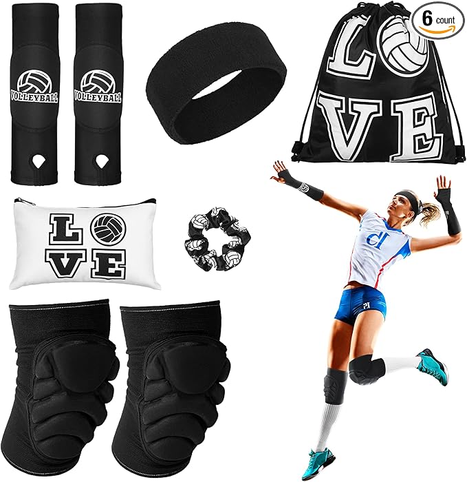 Vabean 8 Pcs Volleyball Accessories,Include Volleyball Arm Sleeves Knee Pads Sport Hair Scrunchies Sweat Band Drawstring B...