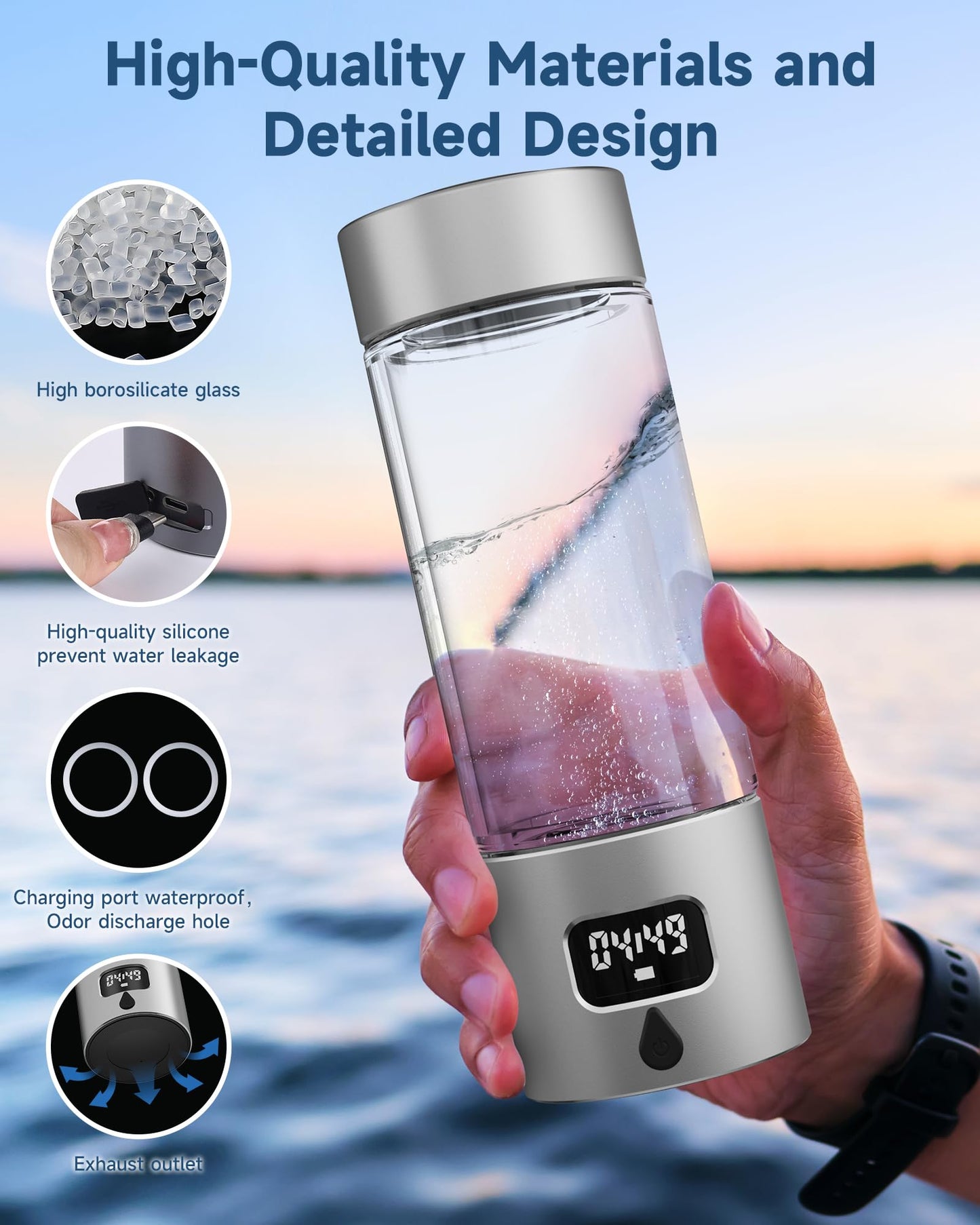Hydrogen Water Bottle - Portable, Rechargeable, LED Timer, Aluminum and Glass, 5000 PPB Hydrogen in 10 Minutes, 340ml Capacity, for Travel, Sports, Home, Office(Grey)