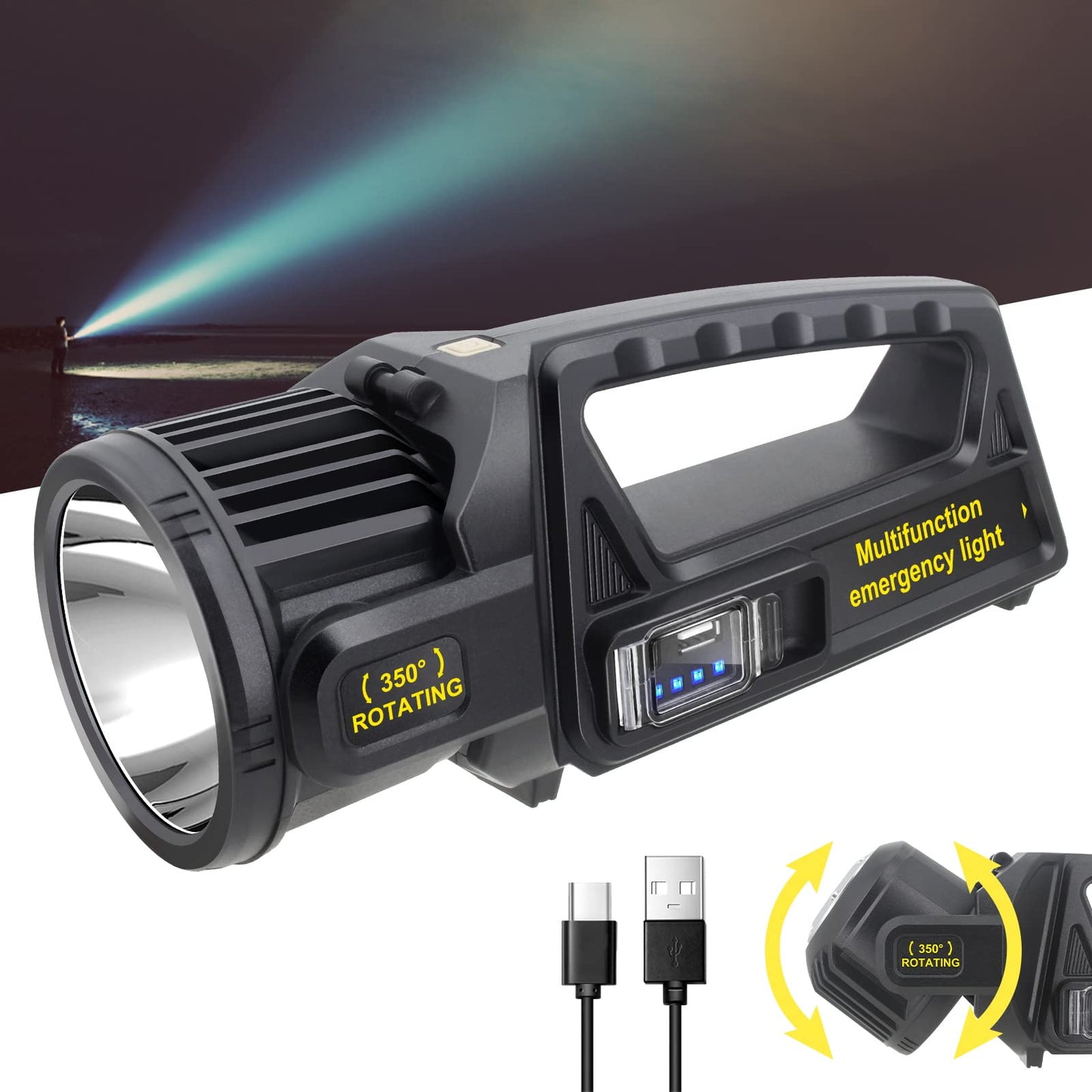 JSKNB 3000000 Lumens Rechargeable LED Spotlight, 9 Modes, Waterproof, XX-Large, Black, Model W5167