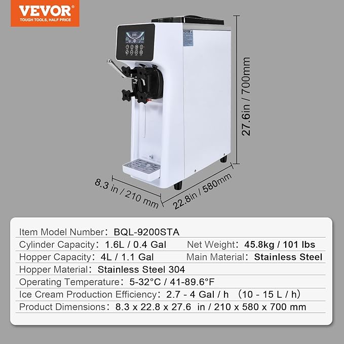 VEVOR Commercial Ice Cream Machine, 10.6 QT/H Yield, 1000W Single Flavor Countertop Soft Serve Ice Cream Maker, with 4L Hopper 1.6L Cylinder, LCD Panel Auto Clean Pre-cooling, for Restaurant Snack Bar