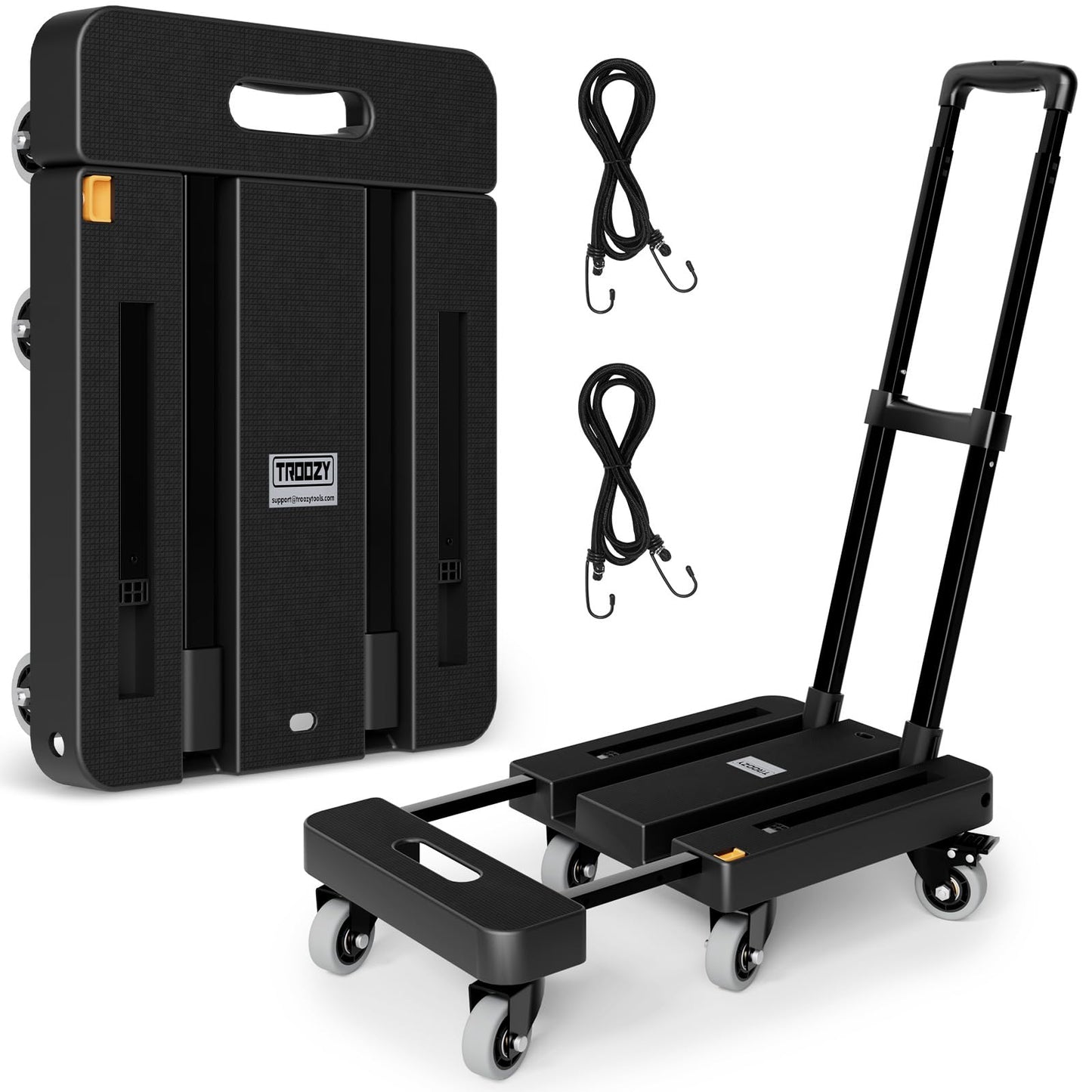 TROOZY Folding Hand Truck, 500 LB Heavy Duty Luggage Cart, Utility Dolly Platform Cart with 6 Wheels & 2 Elastic Ropes for Luggage, Travel, Moving, Shopping, Office Use, Black