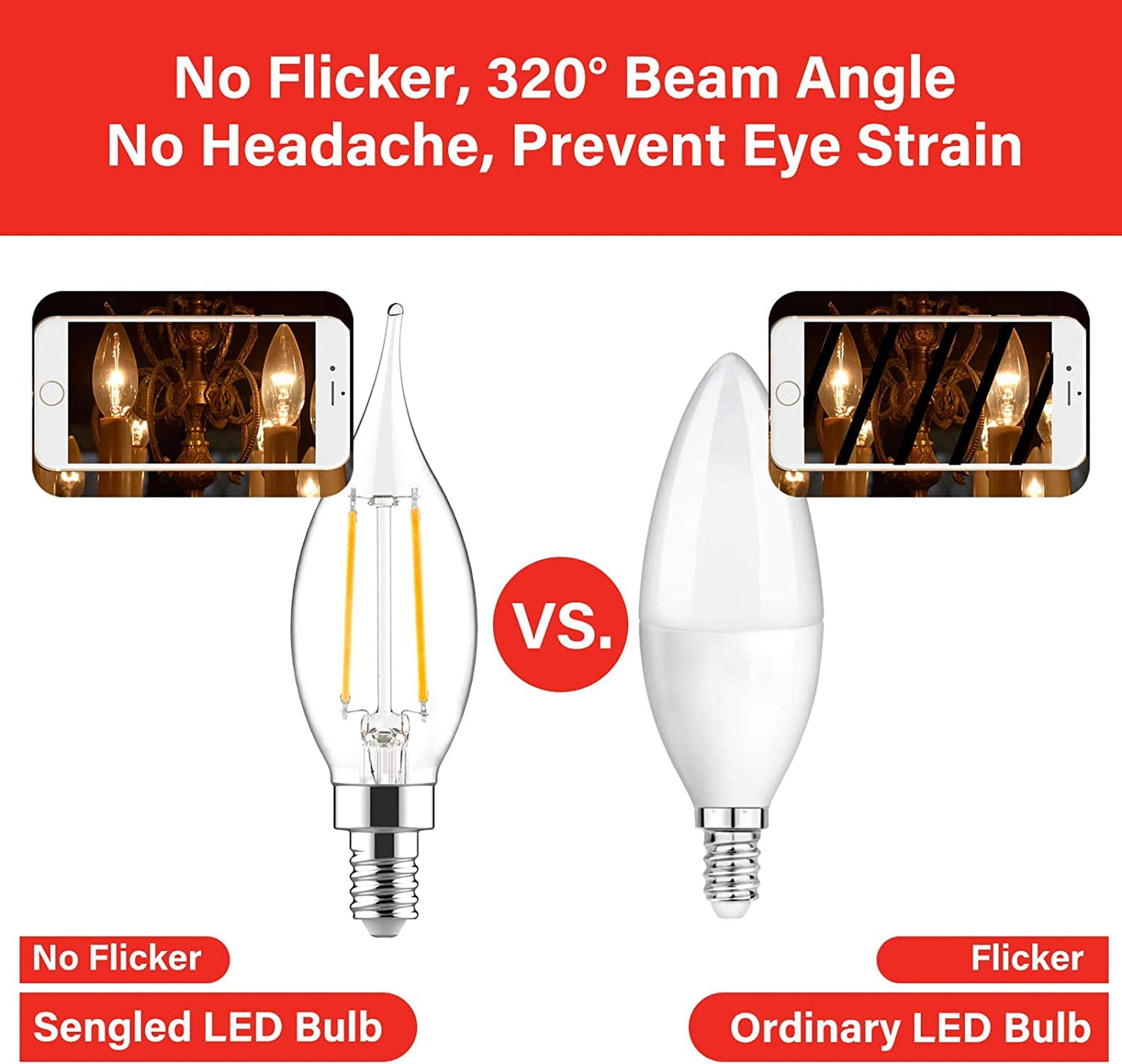 Sengled Candelabra LED Light Bulbs, Dimmable, 40W Equivalent, CA10 Flame Tip, 2700K Soft White, 24 Count, Glass