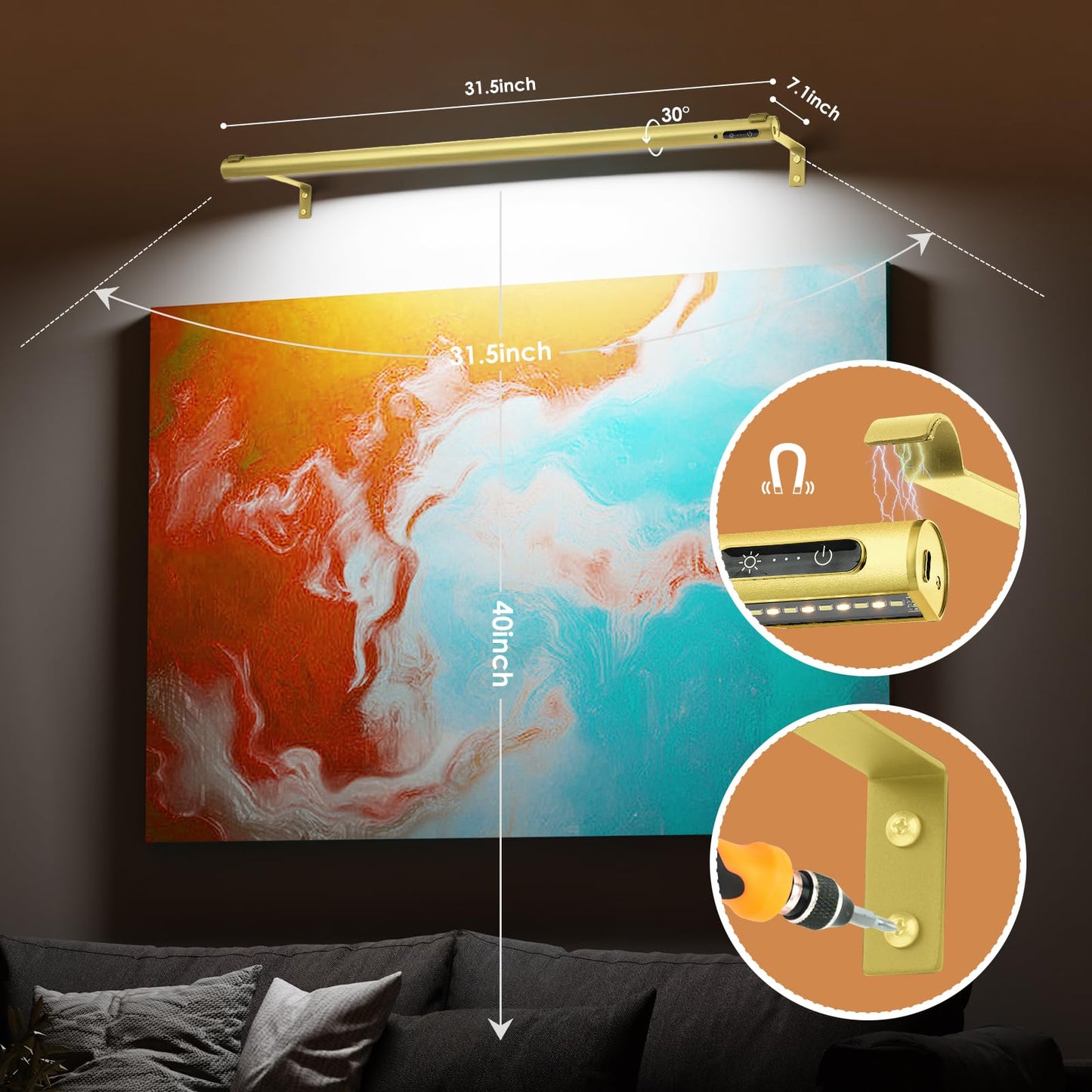 EAYOYAE Battery Operated Wireless Picture Light, Remote Control, 31.5inch, Aluminum, 2 Gold, Model PC-80B