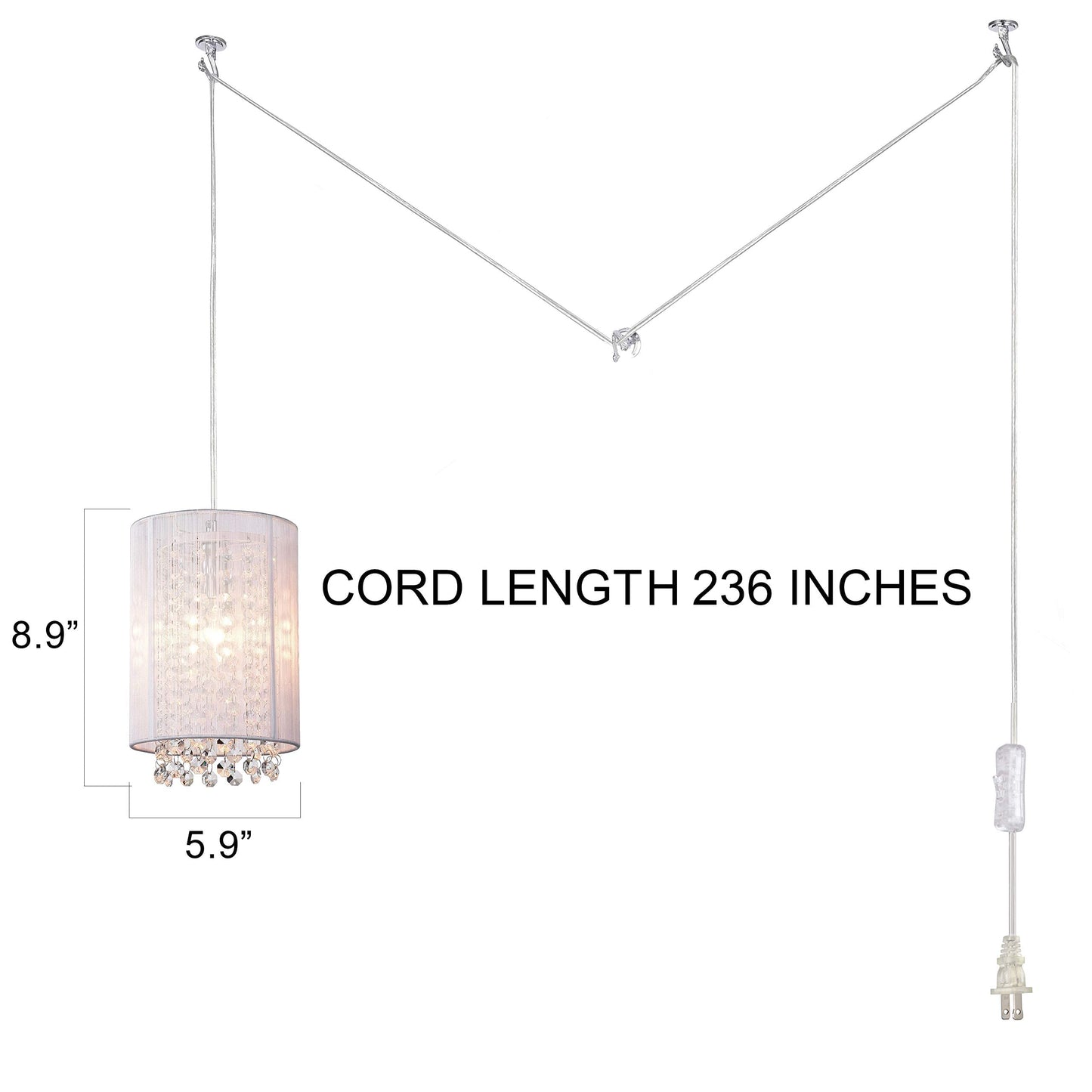 Lalula Mini Pendant Light - White Crystal Chandelier, 5.9 Plug-In Design For Girls Bedroom, Nursery, Bathroom, Easy To Install
