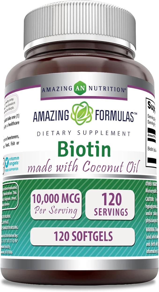 Amazing Formulas Biotin with Extra Virgin Organic Coconut Oil Supplement | 10000 Mcg | 120 Softgels | Non-GMO | Gluten-Free | Made in USA