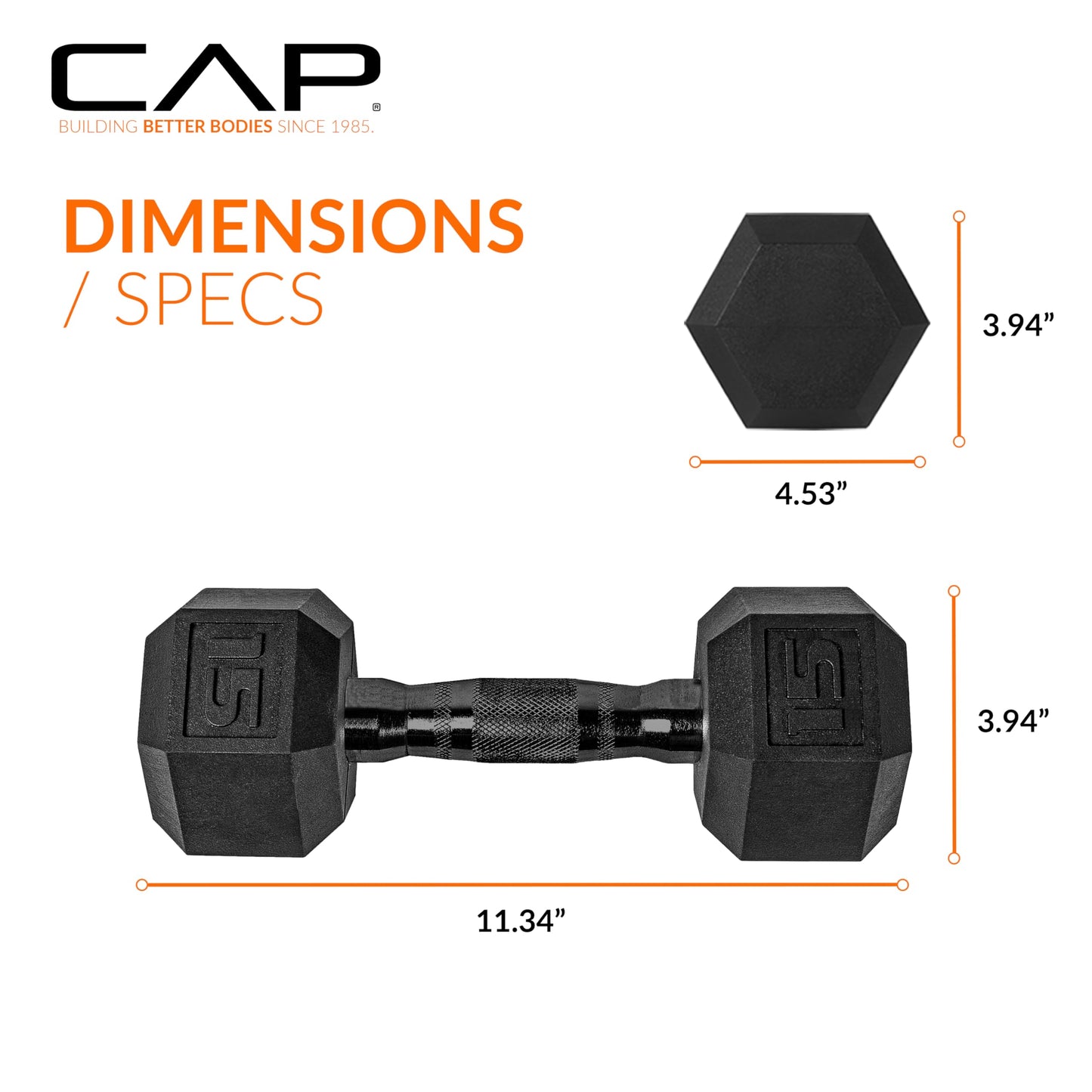 CAP Barbell 15 LB Rubber Coated Hex Dumbbell Hand Weight - Single | Black Handle