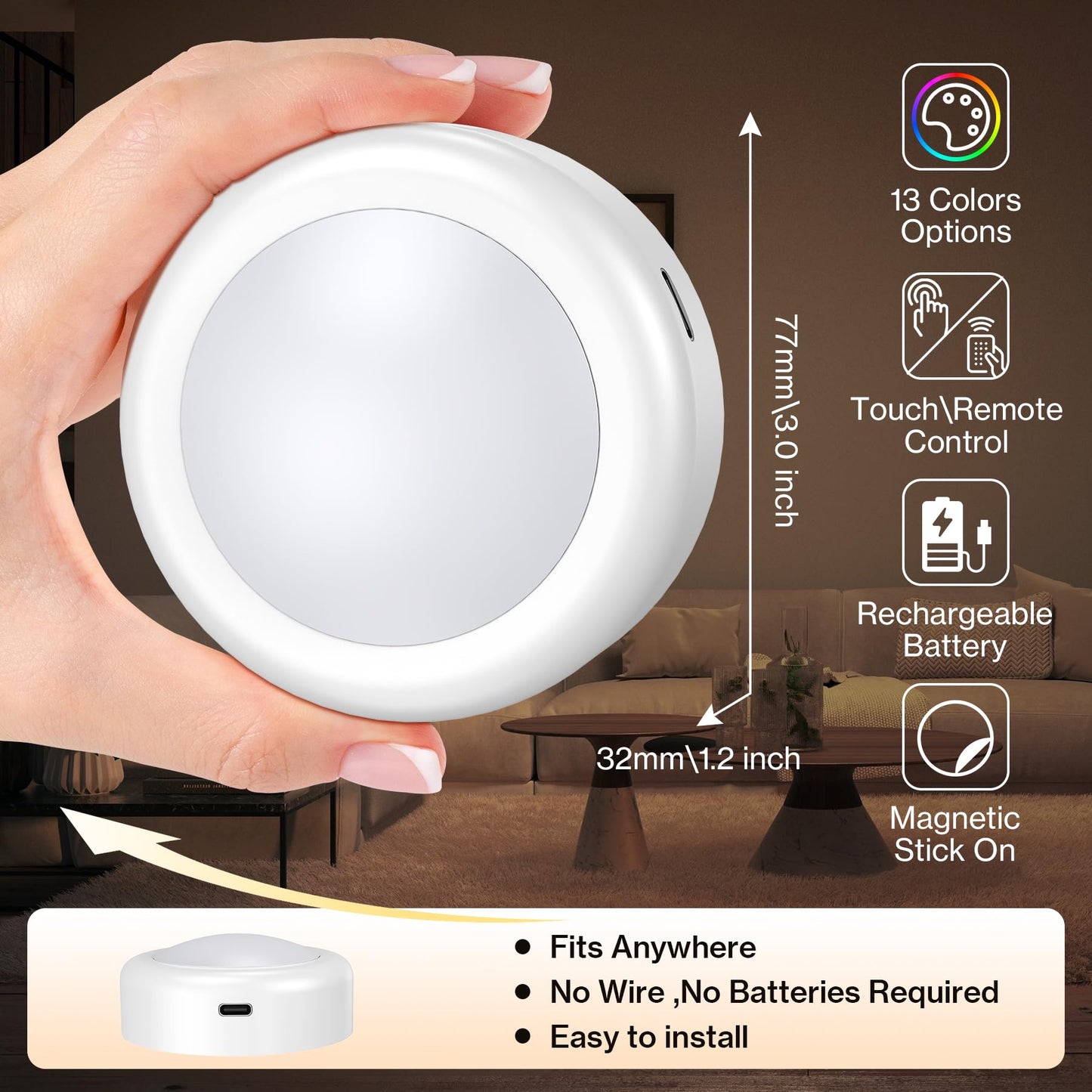 Cadrim Under Cabinet Lighting Puck Lights, Rechargeable, Remote Control, 13 Colors RGB, 1000mAh, 1pcs, White, Plastic