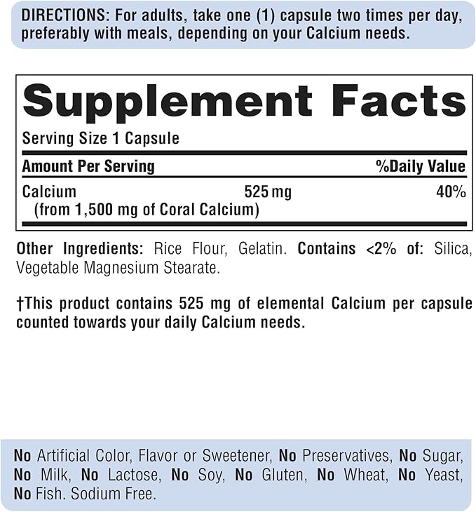 Puritan's Pride Triple Strength Coral Calcium 1500mg with Bone-Active, Dietary Supplement for Bone Density and Strength, Heart, Nerve, and Muscle Support, 2 Month Supply, 120 Rapid Release Capsules