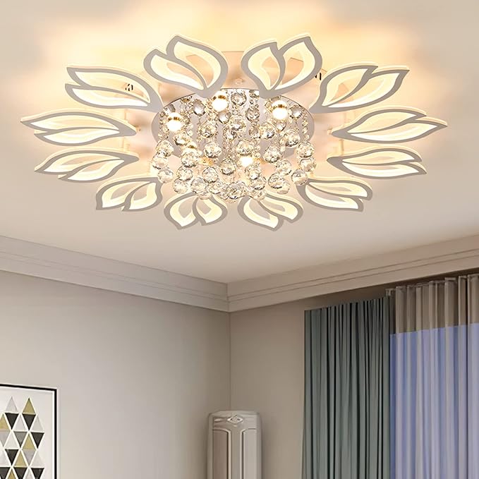 Tioolo Modern Ceiling Lamp, Dimmable LED Ceiling Light, 12-Head Flush Mount Flower Shape Chandelier with Remote, Acrylic Petal Lighting Fixture for Bedroom Kitchen Dining Living Room (55W,White)