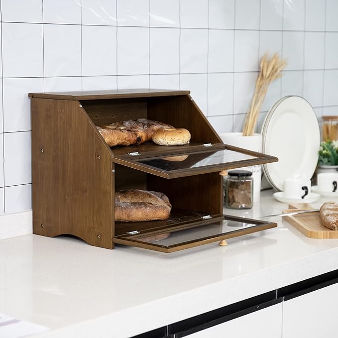 HOMEKOKO Double Layer Large Bread Box for Kitchen Counter, Wooden Large Capacity Bread Storage Bin (Brown)