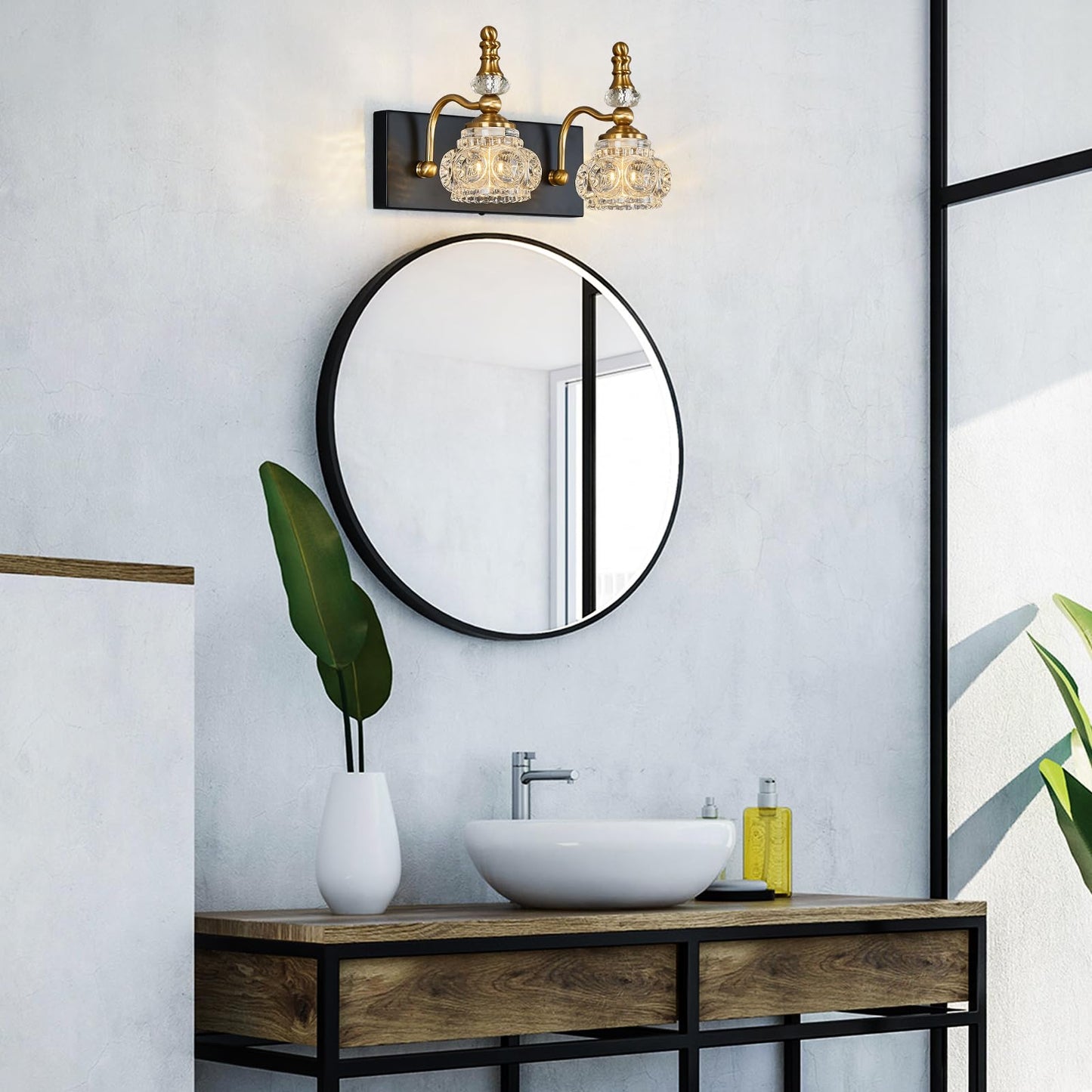 Lbsqj Modern Glass Crystal Vanity Light - Vintage Bathroom Lighting Fixtures Over Mirror  2 Light Vanity Lights G9 Bulb (11.81 Inch  Black Gold)