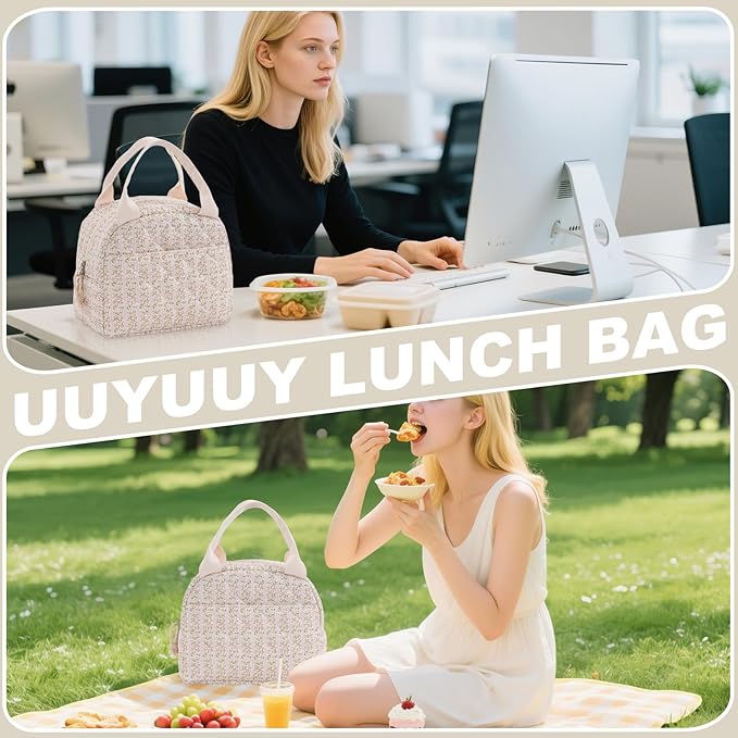 Lunch Bag for Women Insulated Lunch Box Reusable Cooler Bag Portable Cute Floral Quilted Cotton Bag Leakproof Tote Bags for Travel, Work, and Picnic, Stripe and Flower