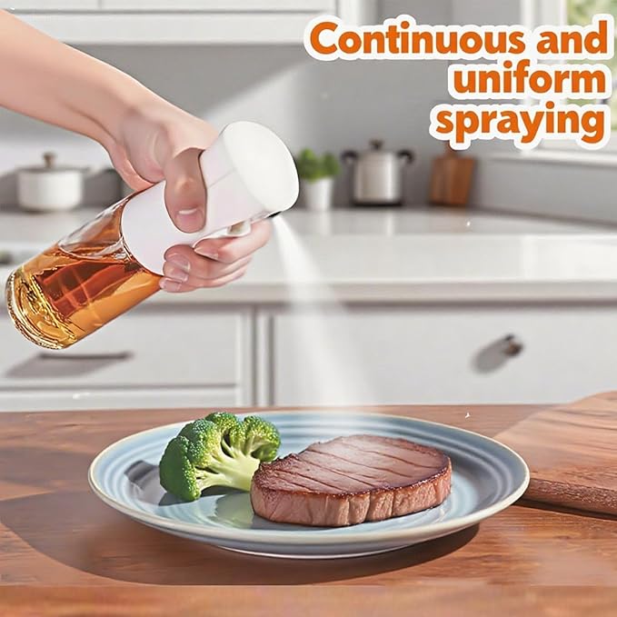 Olive Oil Sprayer for Cooking, 220ml Glass Oil Dispenser for Kitchen Gadgets, Food Grade Premium Spray Bottle, Continuous Spray with Portion Control, for Salad, Frying, BBQ
