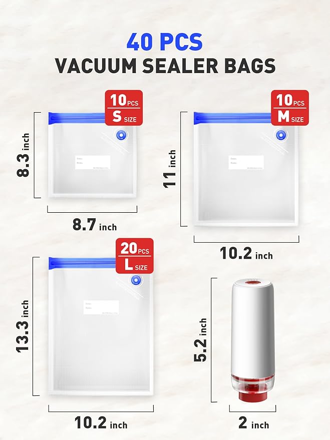 Portable Vacuum Sealer Set, Compact Handheld Vacuum Sealer Machine + 40 Pcs Reusable Vacuum Bags for Food Storage, Sous Vide Cooking, Freezer, Microwave Heating