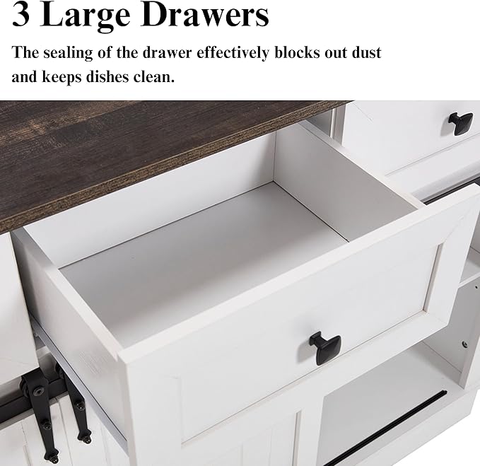 Farmhouse Bar Cabinet with Wine Rack 54" Coffee Buffet Cabinet with Sliding Barn Doors, Adjustable Shelves Rustic Kitchen Cabinets with 3 Drawers for Dining Room, Black with White
