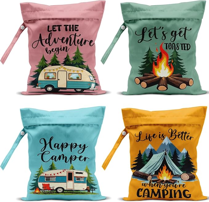 4 Pack Camping Gifts Wet Bag Waterproof Reusable Wet Dry Bag for Swimsuit Diaper Travel Beach Pool Toiletries Funny Novelty Gifts for Campers Camping Accessories for Rv Camper Mama Birthday Christmas