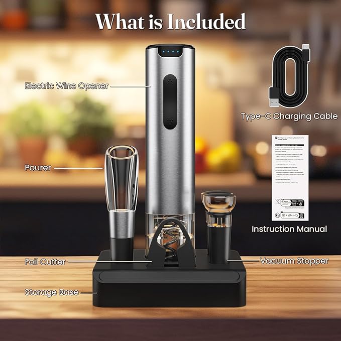 HomeHacks Electric Wine Opener, Automatic Wine Opener with Foil Cutter, Vacuum Stopper, Pourer, Rechargeable Wine Bottle Opener - Party Favor, Christmas Gift for Wine Lover