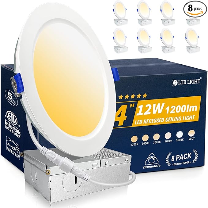 8 Pack Recessed Lighting 4 inch, 4000K Ultra-Thin LED Canless Recessed Lighting, Retrofit Dimmable Recessed Lights, 1200LM 12W=150W Wafer Lights - ETL & Energy Star Certified