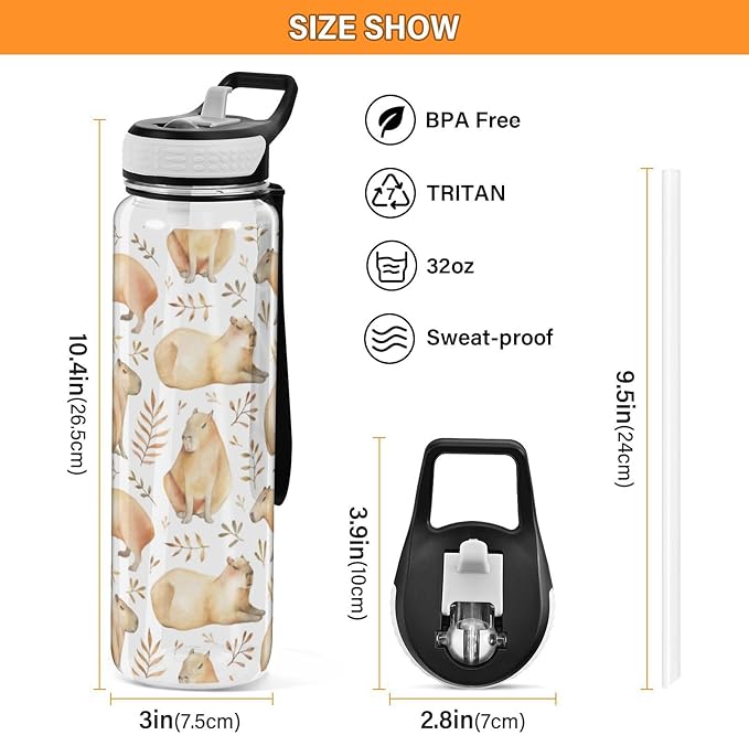 Capybaras Water Bottle with Straw Leafs Sports Bottles BPA-Free Tritan Water Jug with Carrying Strap for Gym Office Outdoor Sports