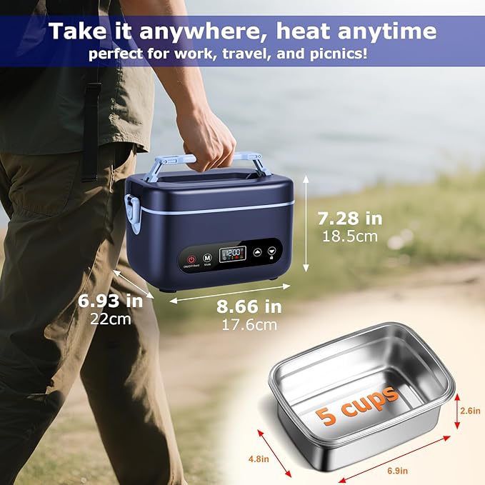 1.2L Cordless Electric Lunch Box – 20000mAh Rechargeable Portable Food Warmer with 5-Sided Heating, Auto Temperature Control, Leakproof & BPA-Free – Perfect for Office, Truck, Outdoors Blue