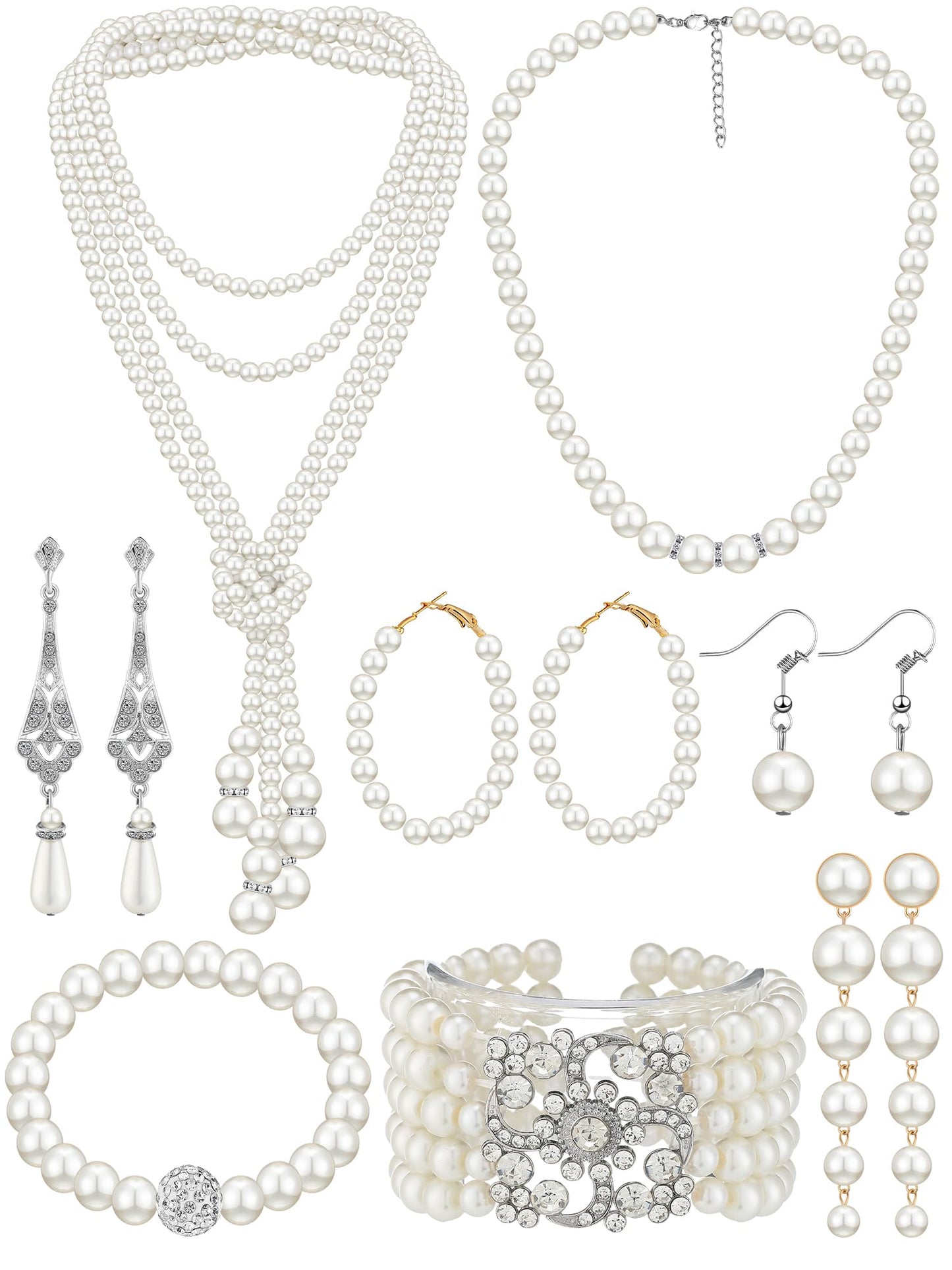BBTO 8 Pcs Pearl Necklace and Earrings Set for Women Faux Pearl Bracelets Costume Jewelry Set for Wedding Gift Birthday Party (C