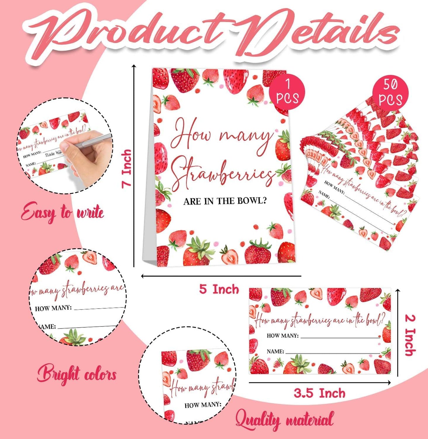 Strawberry Baby Shower Games, Strawberry Decorations for Bridal Shower, Guess How Many Strawberries Are in the Jar, Party Games & Activities 50 Cards and Sign