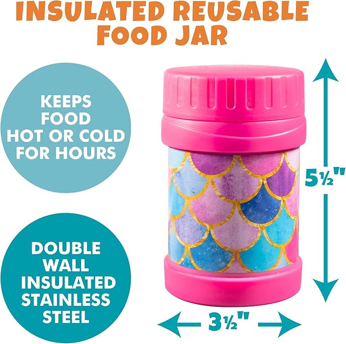 Bentology Kids Lunch Set – Narwhal Ice Packs (3PK), Mermaid 13oz Insulated Water Bottle & Food Jar – BPA-Free, Leak-Proof, Reusable – Keeps Food & Drinks Hot/Cold – Fits Lunch Bags & Boxes