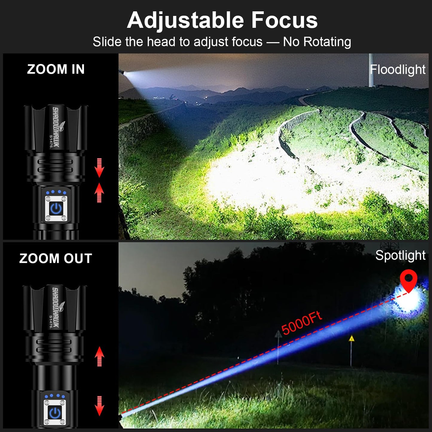 Shadowhawk Flashlight 2000 - 30W LED, 5000ft Beam, USB C Rechargeable, Aluminum, Black, Model CA-S1476