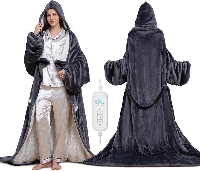 Wearable Heated Blanket with Heated Foot Pocket, Electric Wearable Throw Blanket with Sleeves, Hood, Foldable Foot Pocket,...