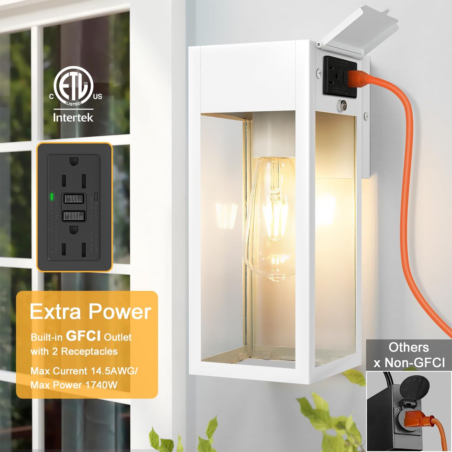 OYKYOHEI Outdoor Wall Sconce Light Fixture with GFCI Outlet, Waterproof, Anti-Rust, White, 1-Pack